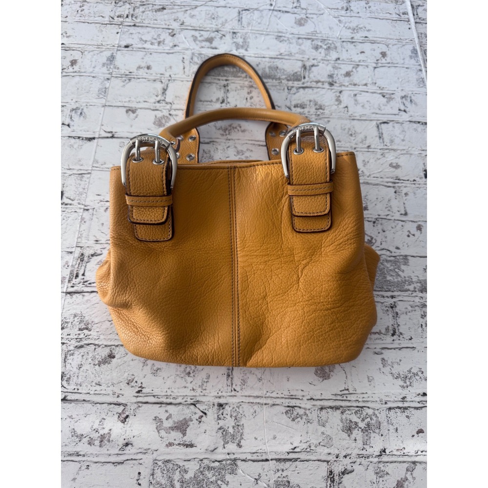 Tignanello Mustard Yellow Pebbled Leather Satchel Buckle Handbag Silver Hardware